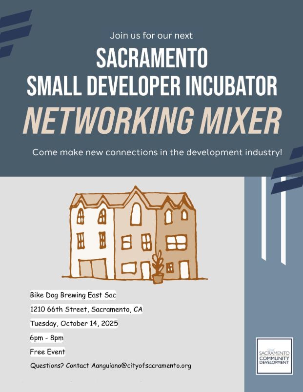 Sacramento Small Developer Incubator Networking Mixer. Come make new connections in the development industry! At Bike Dog Brewing East Sac, Tuesday October 14, 2025 6-8pm. Free Event.