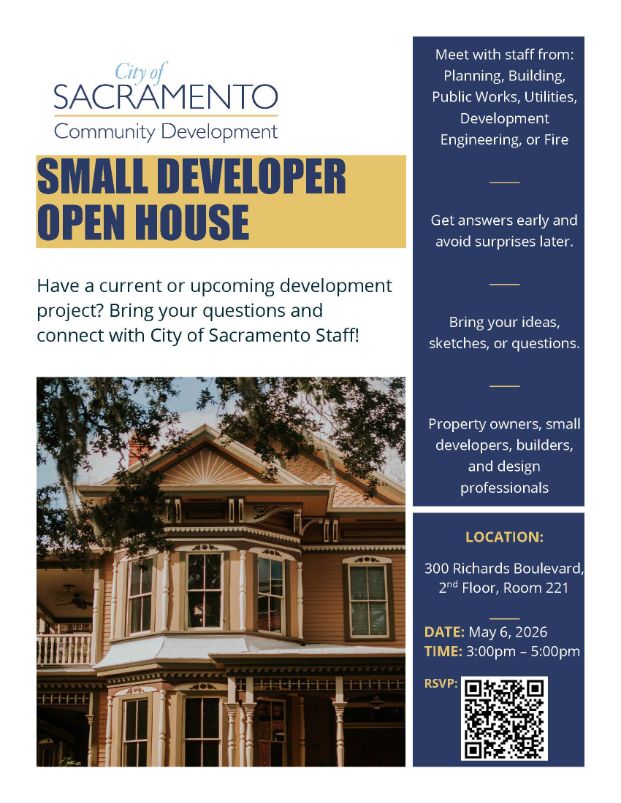 Event flyer for the small developer open house hosted at 300 richards blvd second floor, room 221 from 3pm to 5pm. At this event meet with City staff and get answers for any current or future projects. 