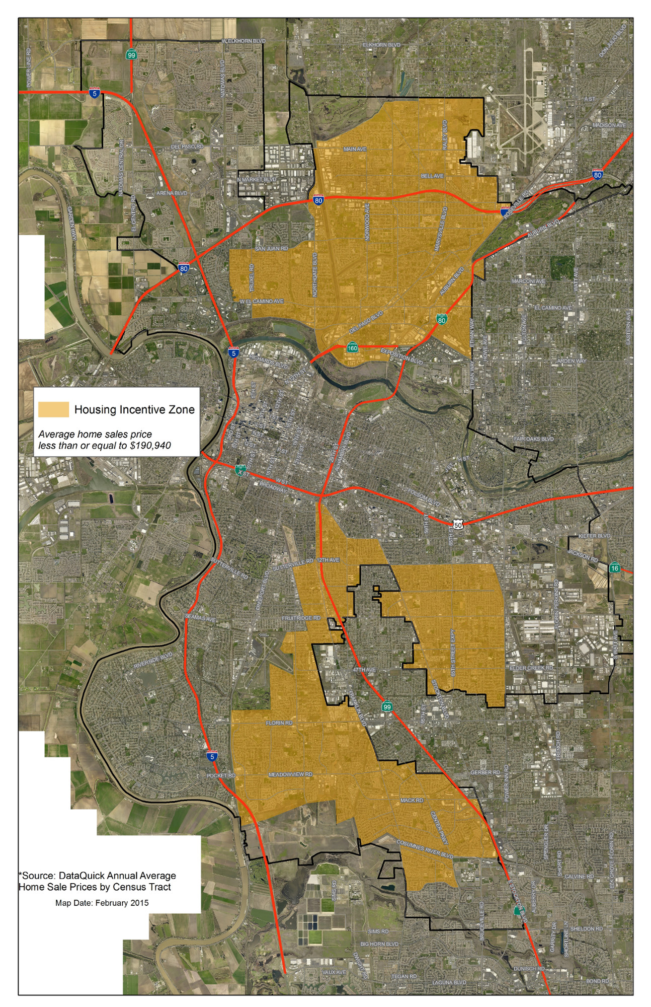 map of Sacramento showing properties marked as housing incentive zones