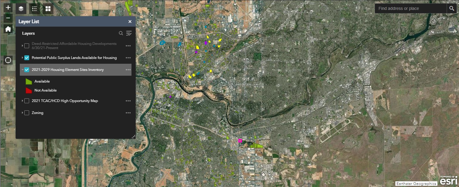 photo of a map showing the 2021-2029 housing element sites inventory and potential public surplus lands available for housing in sacramento