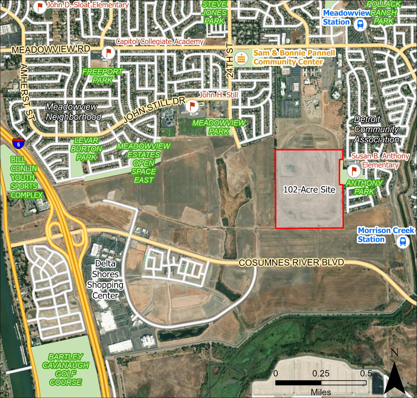 map showing where the 102-acre site is located, north of Cosumnes River Blvd and East of I-5 freeway and behind the Susan B Anthony Elementary School