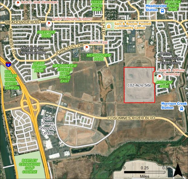Aerial map of South Sacramento with the 102-acre site highlighted in red.