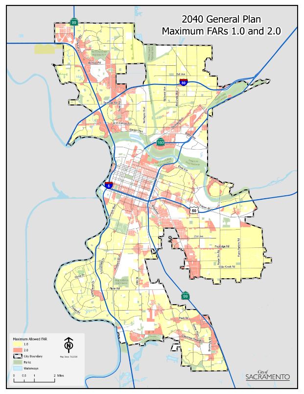 Map of 2040 General Plan Maximum FARs 1.0 and 2.0.