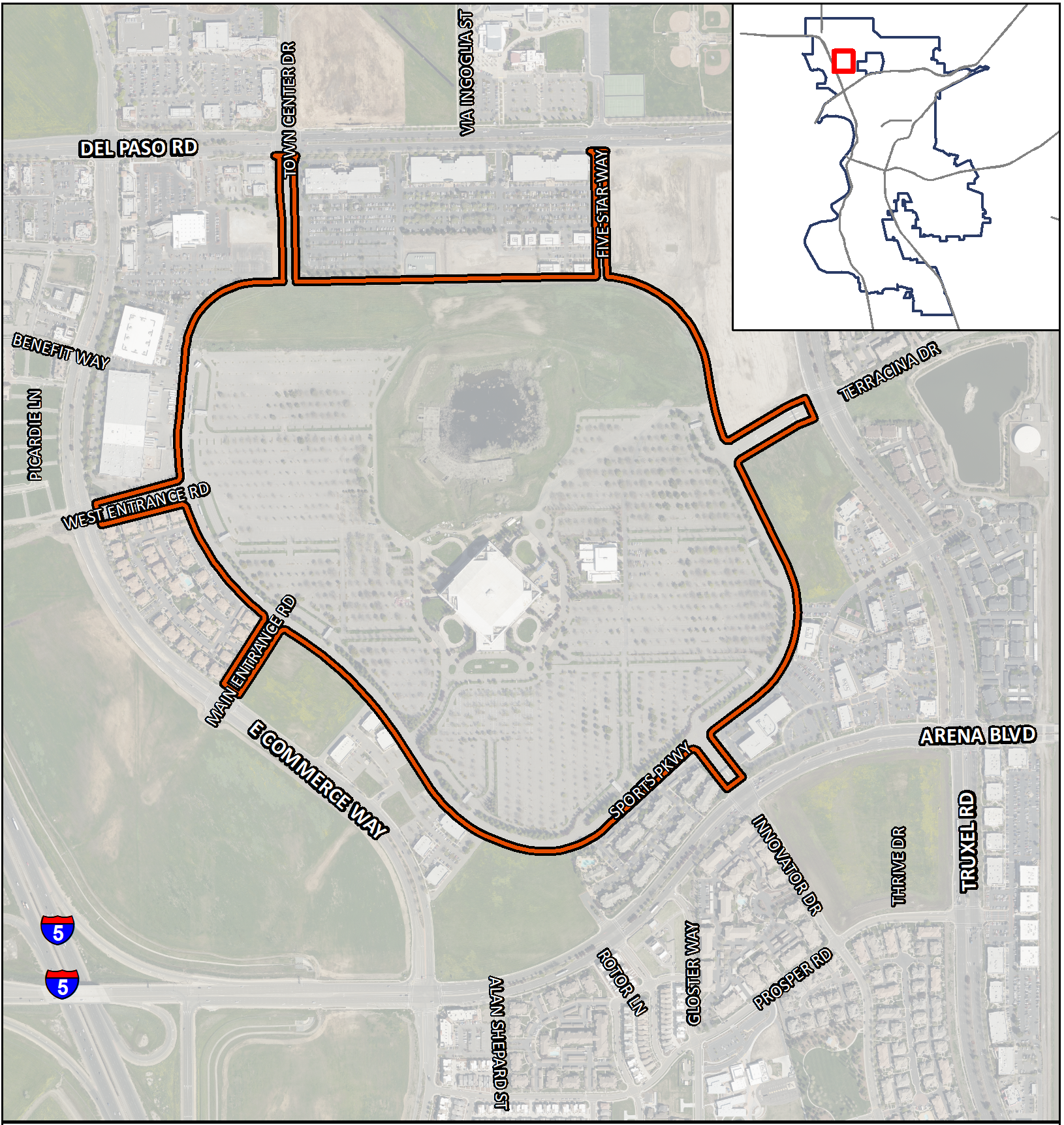 An aerial map of the Innovation Park Planned Unit Development laying out the boundaries of where the project will develop. It outlines in orange the boundary of Sports Pkwy with major cross streets of Arena Blvd and Truxel Rd as well as E Commerce and Del Paso. 