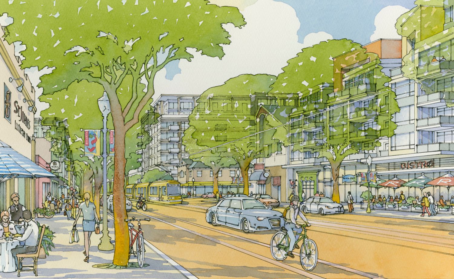 Artist rendition of a street in the Central City, showing people enjoying restaurants, biking and sharing the road with the light rail. 