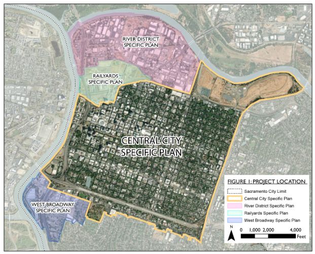 Project location: image delineates the borders of the Central City Specific Plan, the West Broadway Specific Plan, the Railyards Specific Plan, and the River District Specific Plan.