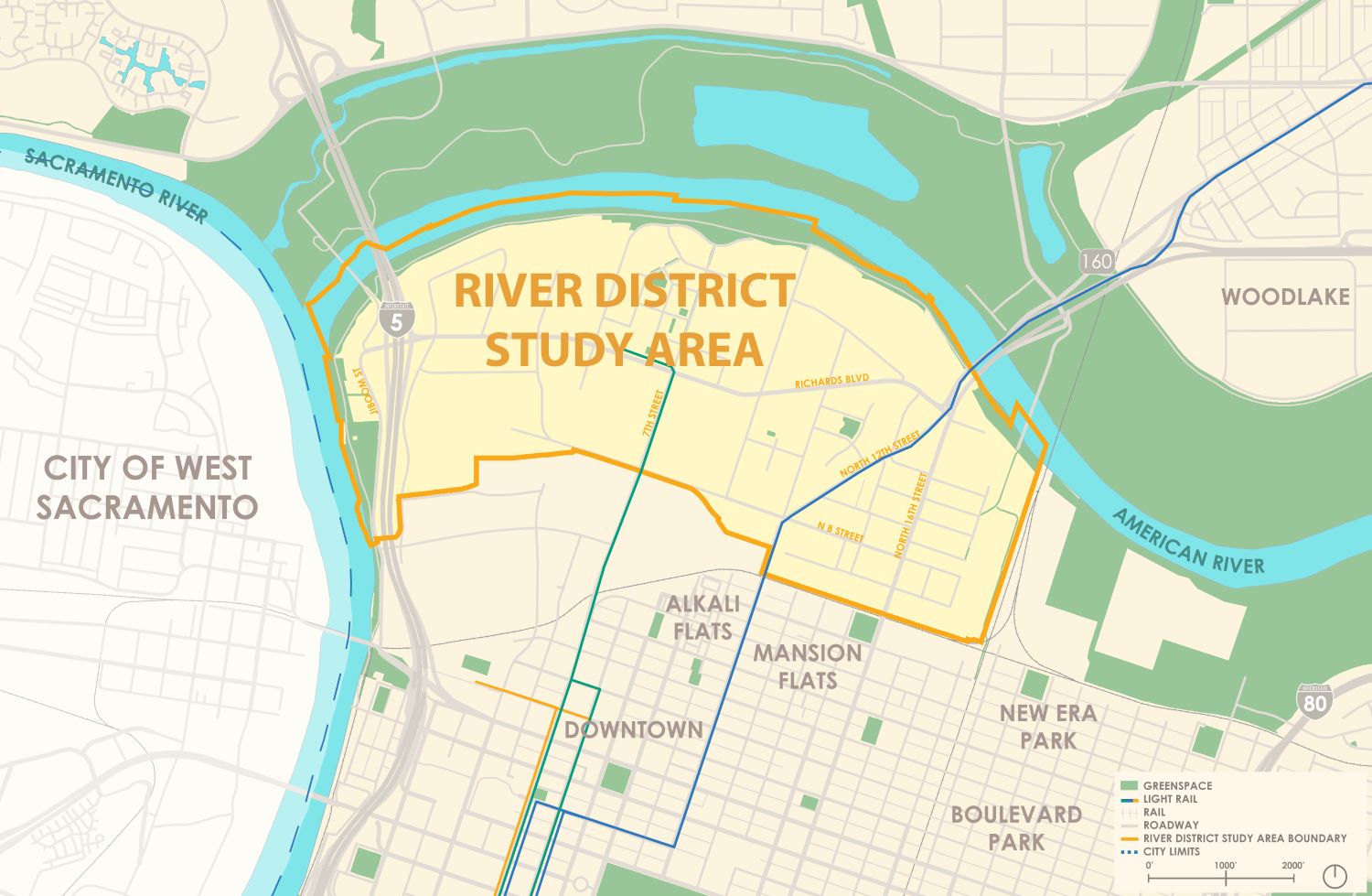A map of the River District Study Area