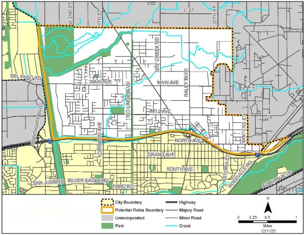Robla Area: the borders of Robla are generally considered to be city limits on the north adjacent to Rio Linda, McClellan Park on the east, the Beltline Freeway Interstate 80 on the south, and Northgate Boulevard on the west.