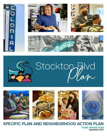 cover of stockton blvd plan with various pictures. African American woman serving food, a barber cutting a mans hair, a business sign for colonial theater, drummers, a table of food and two murals.