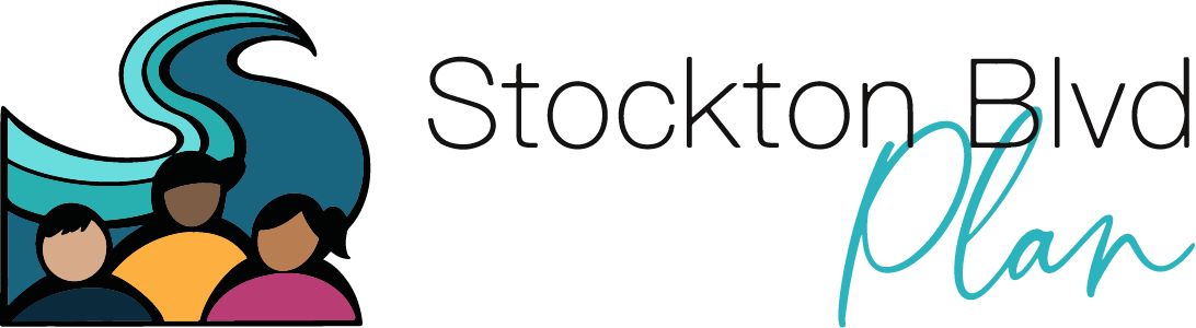 stockton blvd plan logo with three graphics of people of various shades of brown with a wave of blue and aqua colors behind them