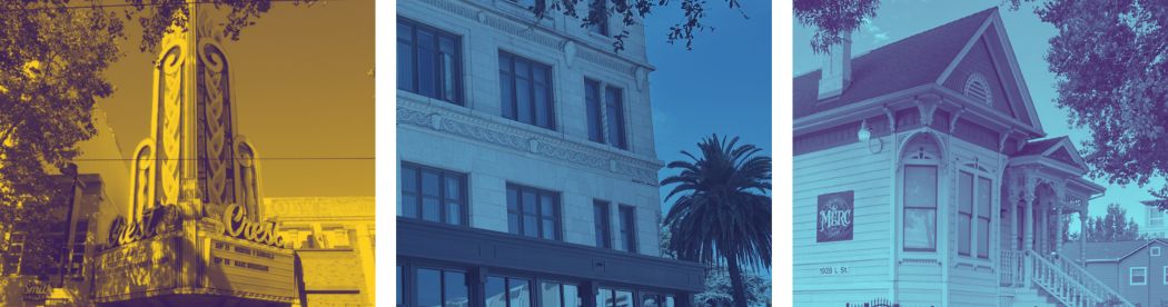 Three panel image of Crest Theater, and 2 other historic buildings
