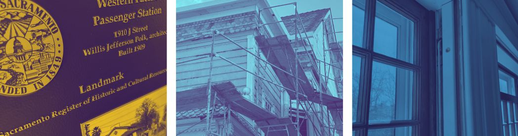 Three panels, a partial image of a historic plaque in a yellow filter, scaffolding on a house project in a light blue filter, and windows in a blue filter. 