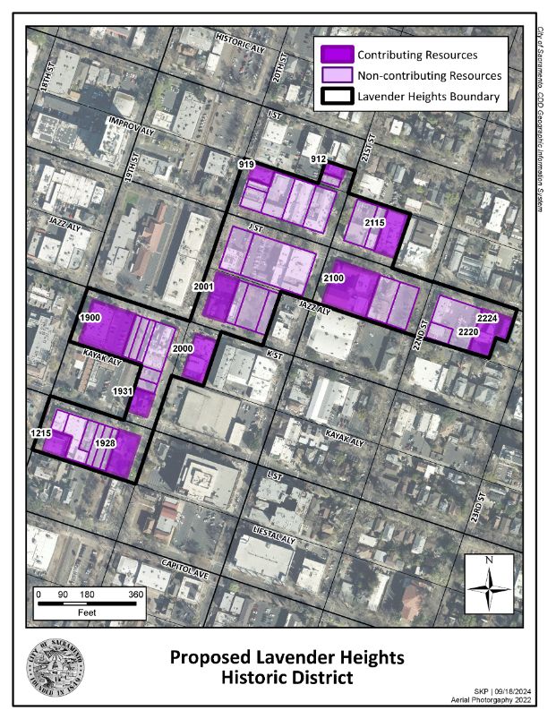 Map showing boundaries of Lavender Heights Historic District in Midtown Sacramento. District centers around 20th and K Streets.