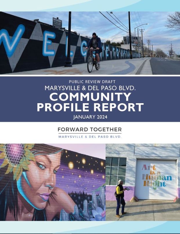 Image of communtiy profile report with a picture of a mural painting of a femla face on a building wall, a person standing in front of a white garage door with the words "art is a human right" and a photo of a mail in a black sweatshirt riding a bicycle on a street