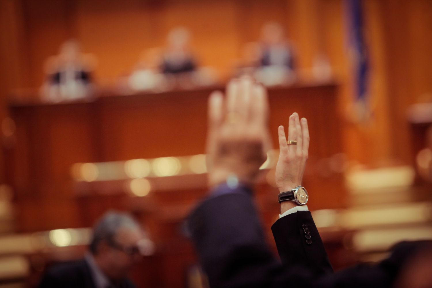 Council meeting with hands raised