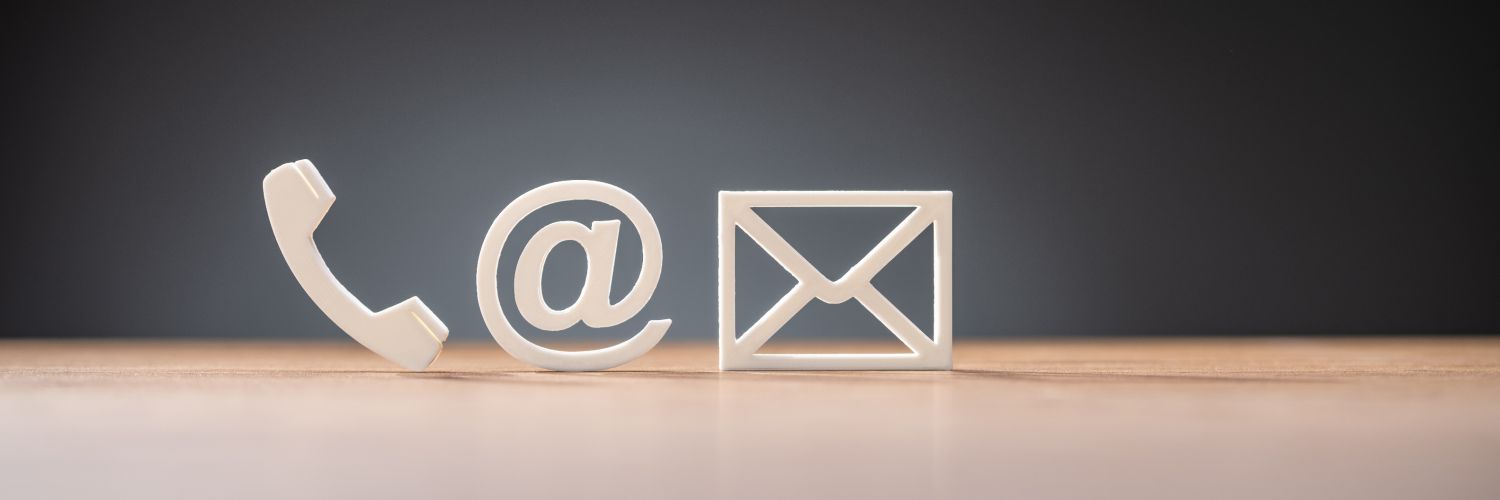 contact icons, phone, email, and USPS mail