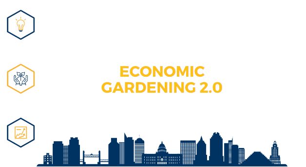 Clip art image with three icons inside of hexagons on the left hand side of a light bulb, hands holding a leaf, and a graph with arrows pointing up. The center of the image has the words "Economic Gardening 2.0" above a clipart silhouette of Sacramento landmark buildings in the layout of a skyline.