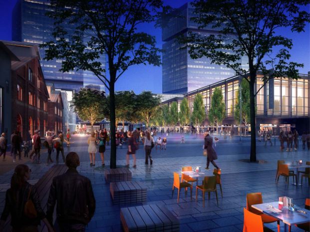 Railyards Rendering showing central gathering space