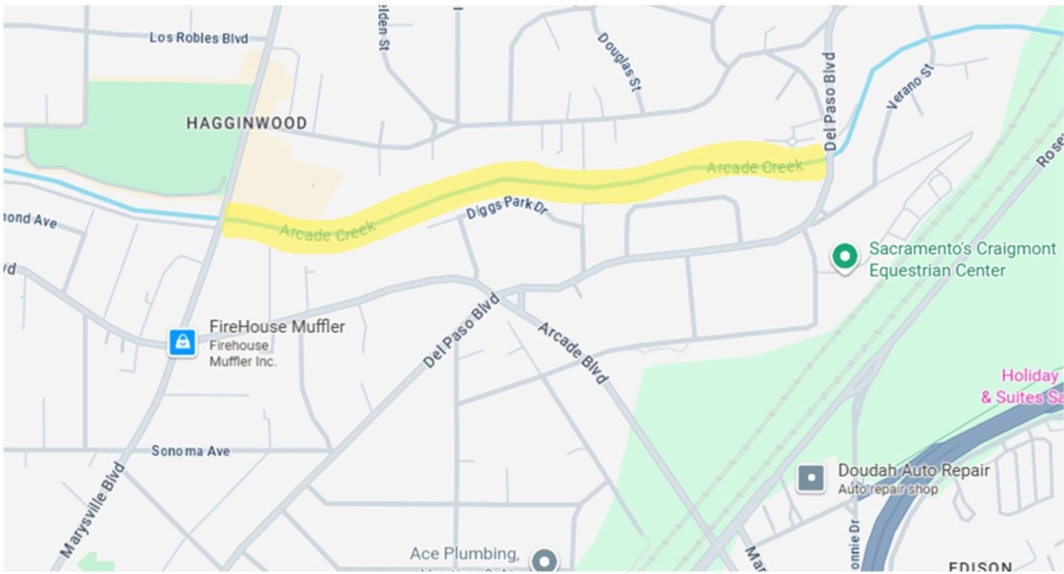 Map with text: repair activity on Arcade Creek between Marysville and Del Paso Blvd