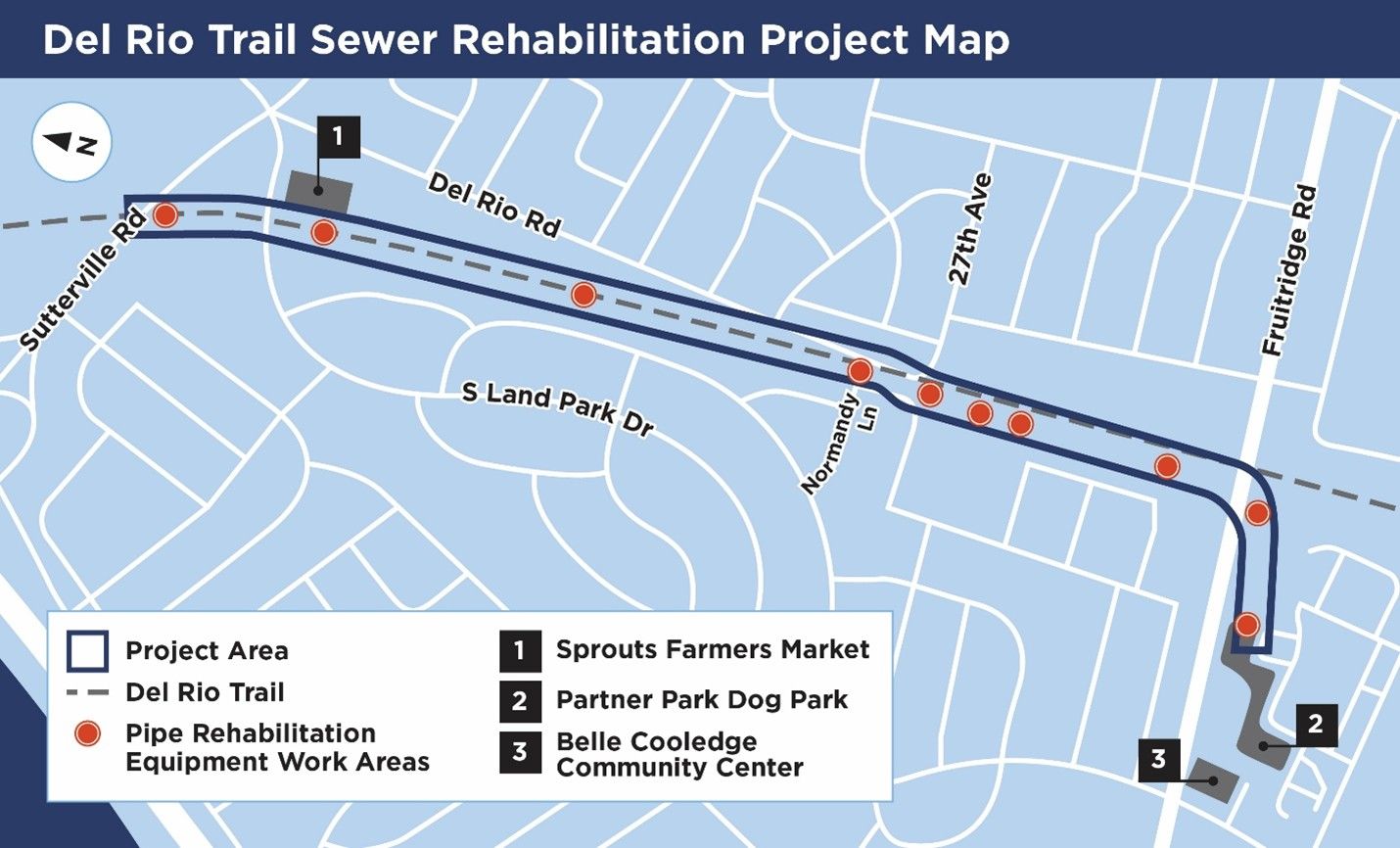 Map showing the project layout on Del Rio Trail from Sutterville to Fruitridge Road.