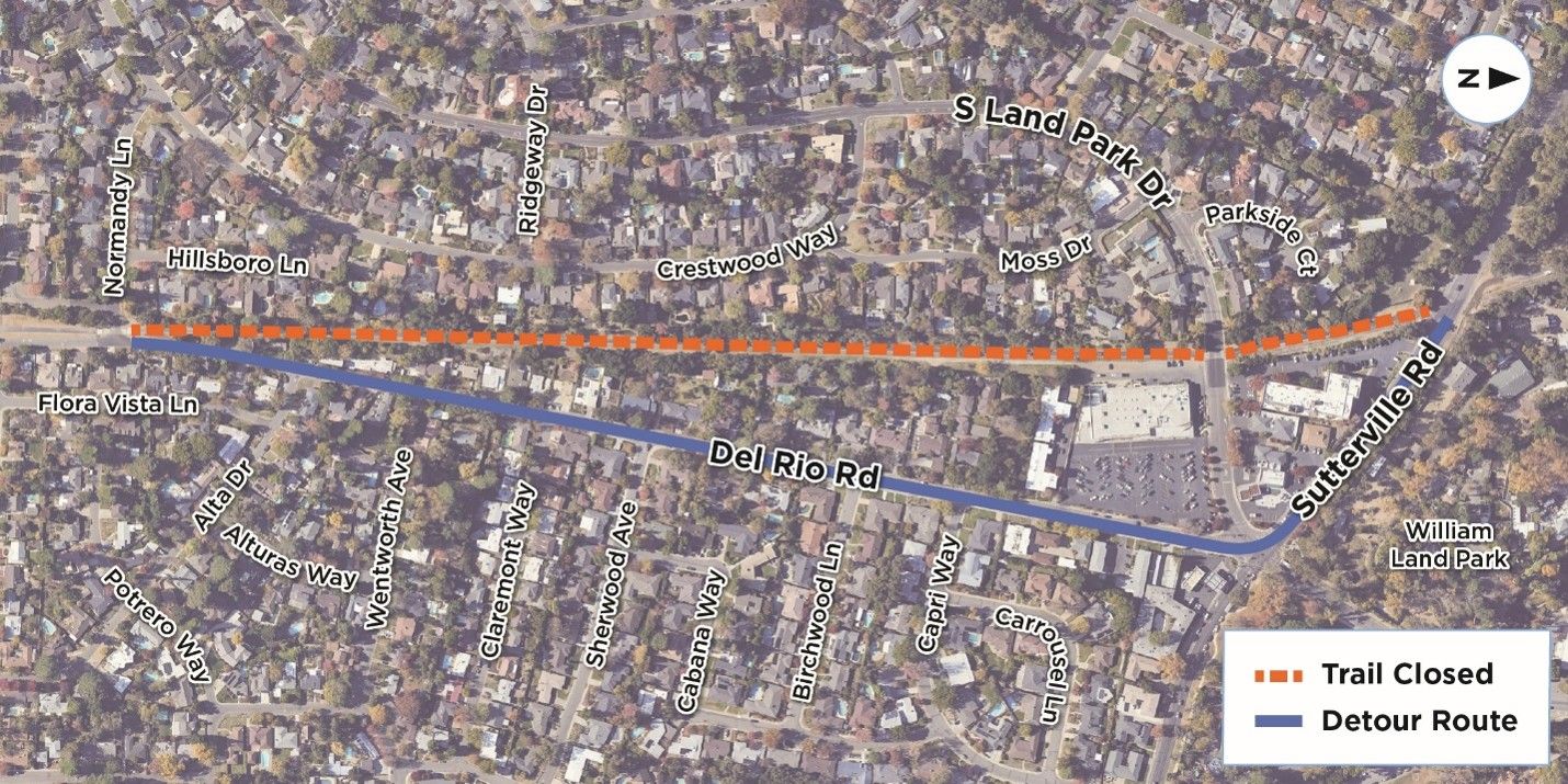 The Del Rio Trail is closed to traffic between Sutterville Road and Del Rio Road/Normandy Lane through October 2026, for excavation and pipe liner work. Pedestrians and cyclists from the trail should utilize the detour on Del Rio Road between Normandy Lane and Sutterville Road. Traffic control personnel are expected to be located on Del Rio Road between Normandy Lane and Alta Drive to flag traffic and support trail users with detour access.