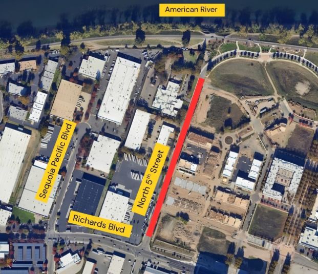 map showing construction will be on north 5th street north of Richards blvd