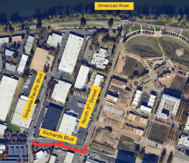 map showing construction will be on Richards Blvd between Sequoia Pacific Blvd and North 5th Street