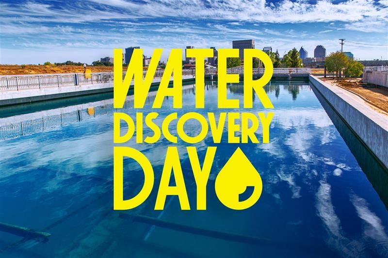 Text that says "Water Discovery Day" on top of an image of a water treatment plant