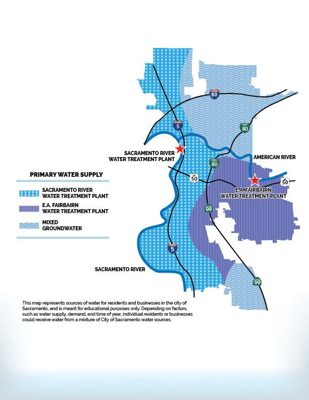 Map showing sources of water for residents and businesses in the city of Sacramento