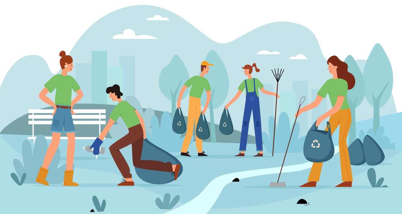 Illustration of people picking up litter