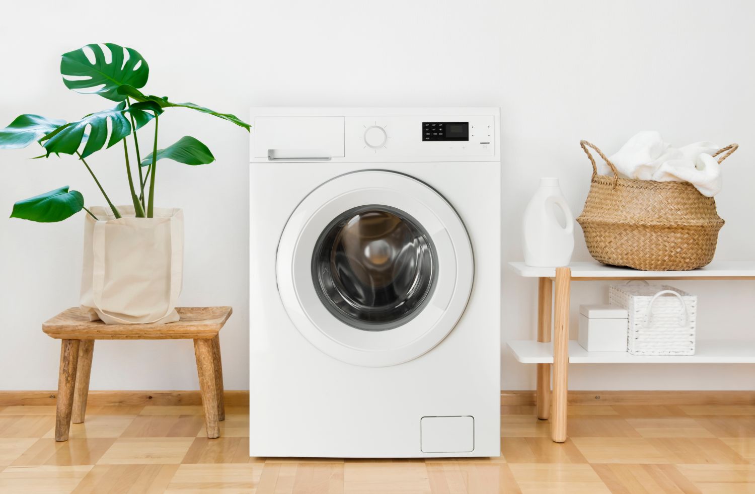 A washing machine surrounded by supplies