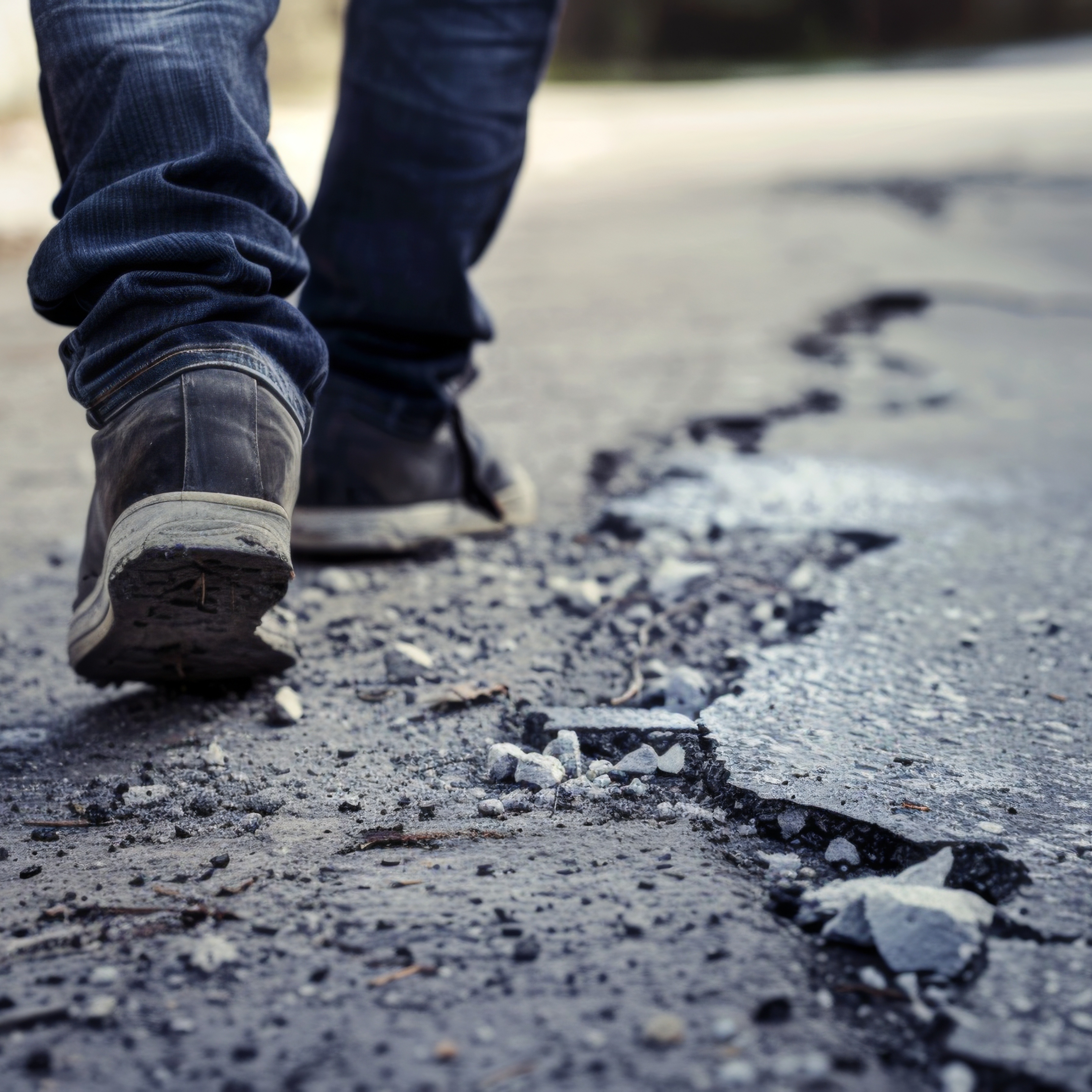 A person is seen walking down an urban street that is damaged and in disrepair, with visible cracks and holes in the road surface. The individual navigates carefully around the irregular terrain, showcasing the need for maintenance and repair.