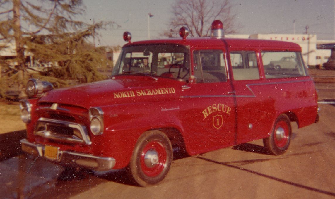 Vintage photo of a red Sacramento ambulance that reads "rescue 1"
