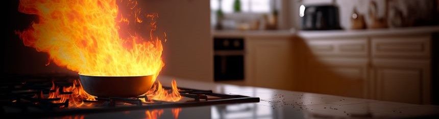  fire filled, burning cooking fry pan on a stove top with a kitchen in the background.