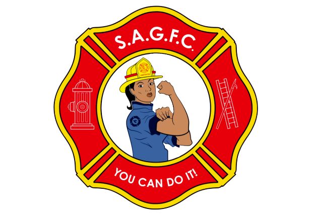 Sacramento Fire's Girls Camp logo, malteste cross red and yellow, with a fierfighter flexing her arm in the center