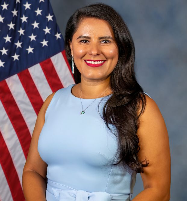 photo of media and communications specialist in a light blue dress with a U.S. flag and gray background.