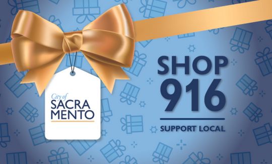Graphic, Shop 916 gift card. Gold bow, blue background, City logo