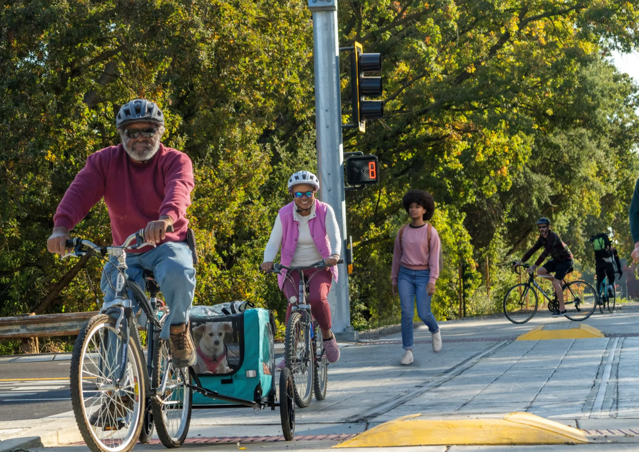 An older man rides a bicycle with a small dog in a trailer while a young girl walks nearby on a sunn