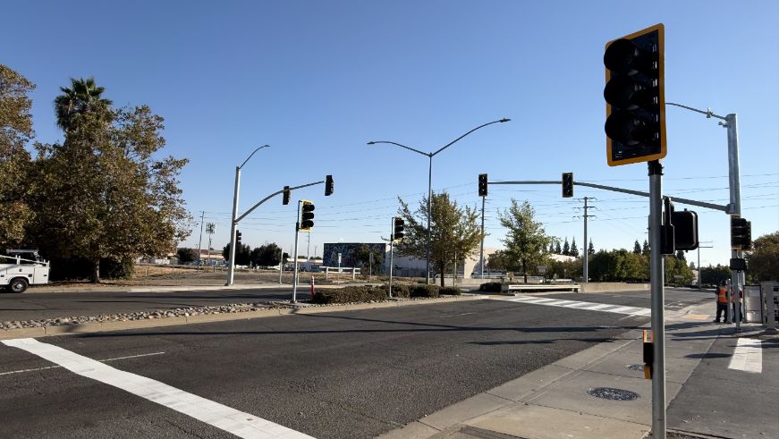 Street, crosswalk, streetlights, trees