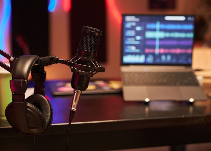 Microphone, laptop, headphones