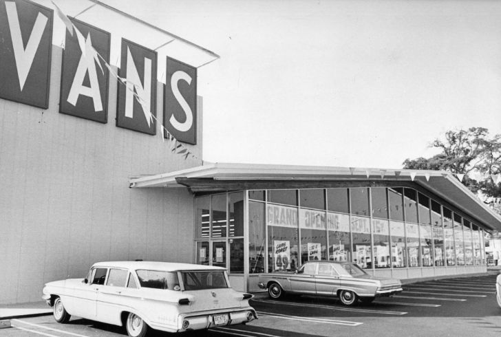 Black and white, historic photo of Vans grocery store