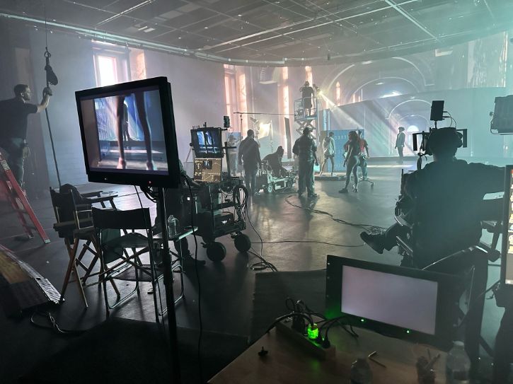 Film crew, film set, screens, actors