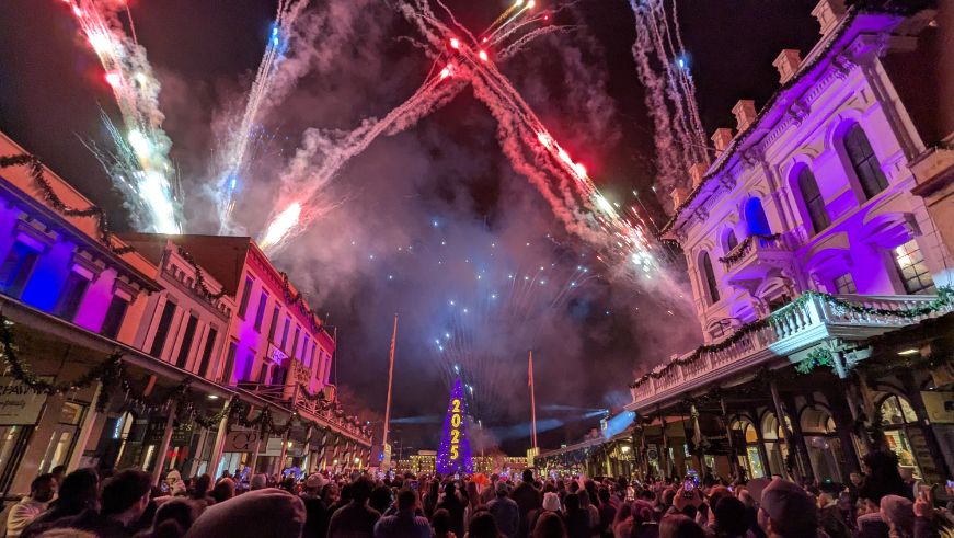 Fireworks, Old Sacramento, crowds of people