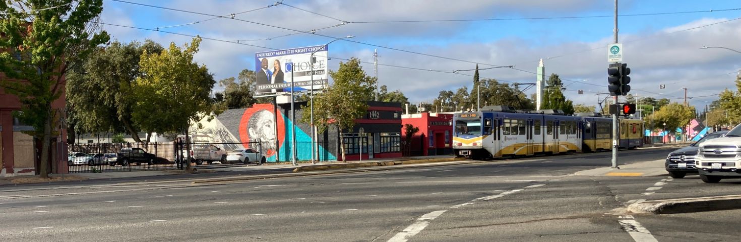 Fruitridge Road and Arden-Auburn, street, SacRT, trees, cars, billboards, buildings