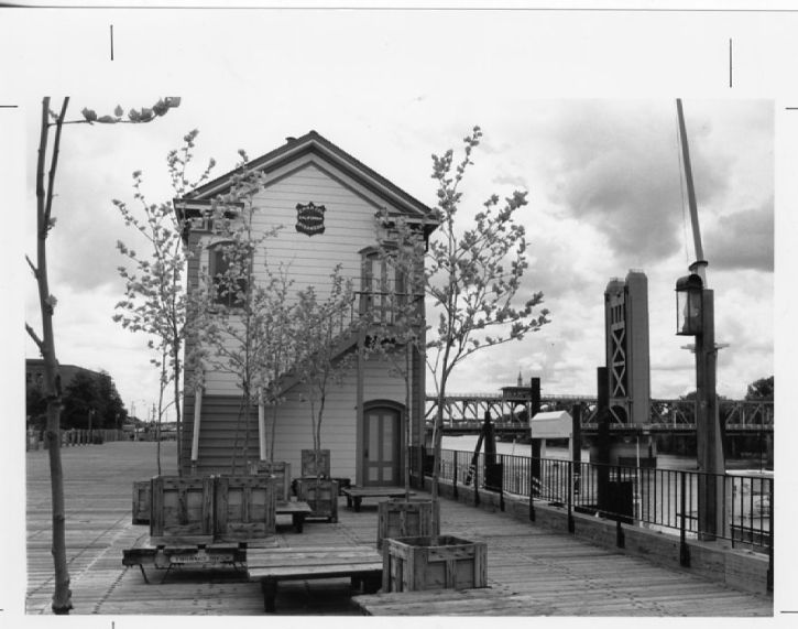 Historic black and white photo, Old Sacramento waterfront