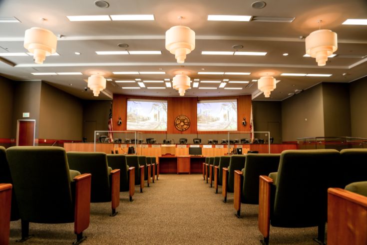 City of Sacramento Council Chambers, empty chairs, empty dias, lights
