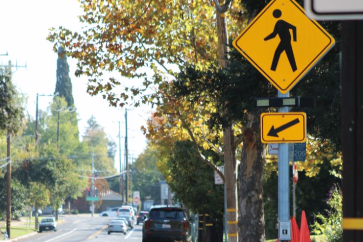 Pedestrian crossing street sign, cars, street, trees