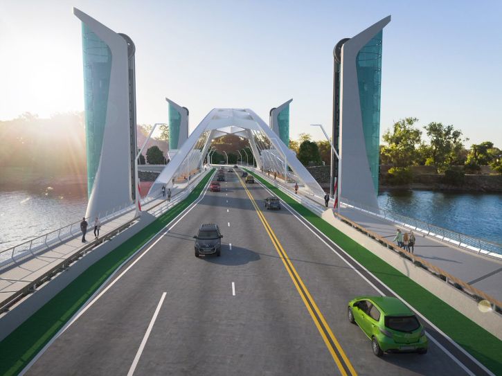 Rendering of new I street bridge. River, cars, walking path, trees