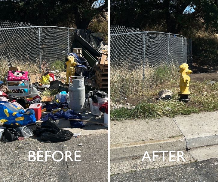 Before and after photos. Before: trash on sidewalk, after: sidewalk cleared on debris