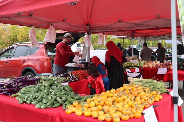 Farmers market, produce, people at booth